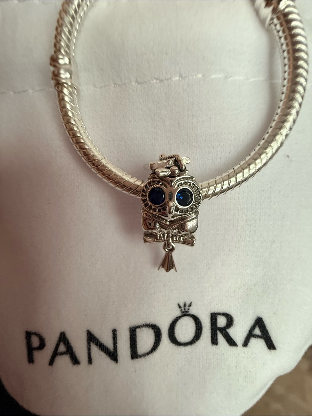 Pandora Silver Graduation Owl Charm Bracelet with Blue Eyes